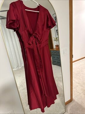 Women's Burgundy Satin Tie-Front Dress